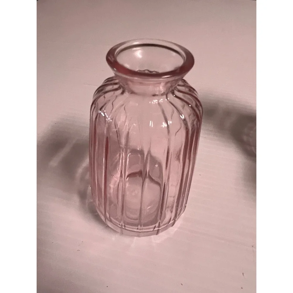 Set of 3 Ribbed Glass Bud Vases Pink Grey Teal Blue Small Flower Vases Decor